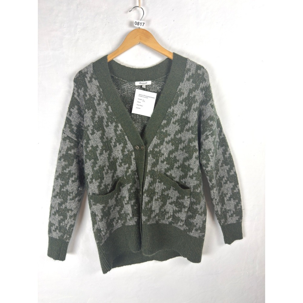 Madewell Allstone Green Grey Houndstooth V-Neck Button Front Cardigan XS
